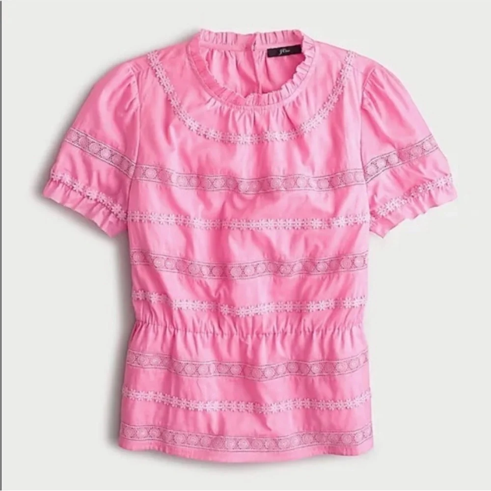 J. Crew Pink Short-Sleeve Lace-Trim Blouse - Size Small